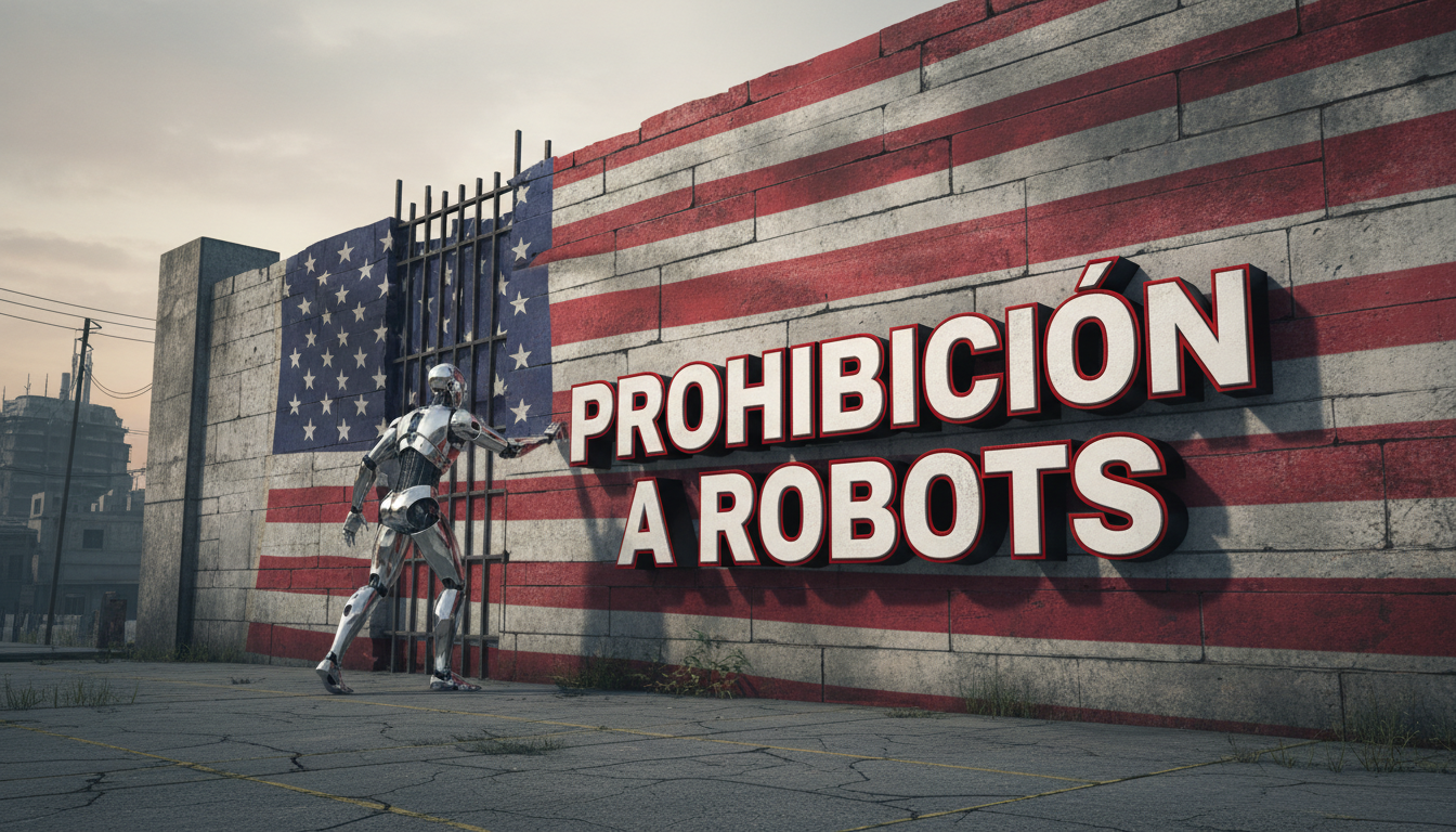Robot humanoide detenido por un muro con la bandera de EE.UU. en el fondo.