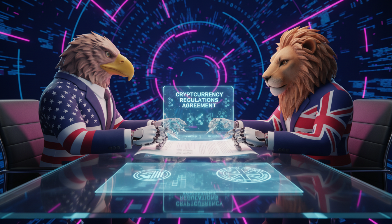 Representación 3D de líderes de EE.UU. y Reino Unido firmando regulaciones de cripto.
