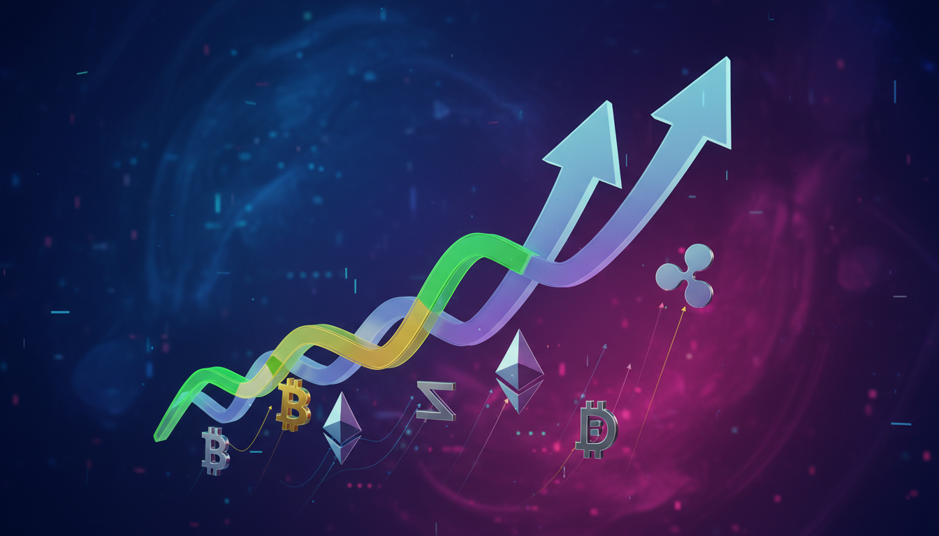 Gráfico 3D mostrando crecimiento de criptomonedas con flechas ascendentes.