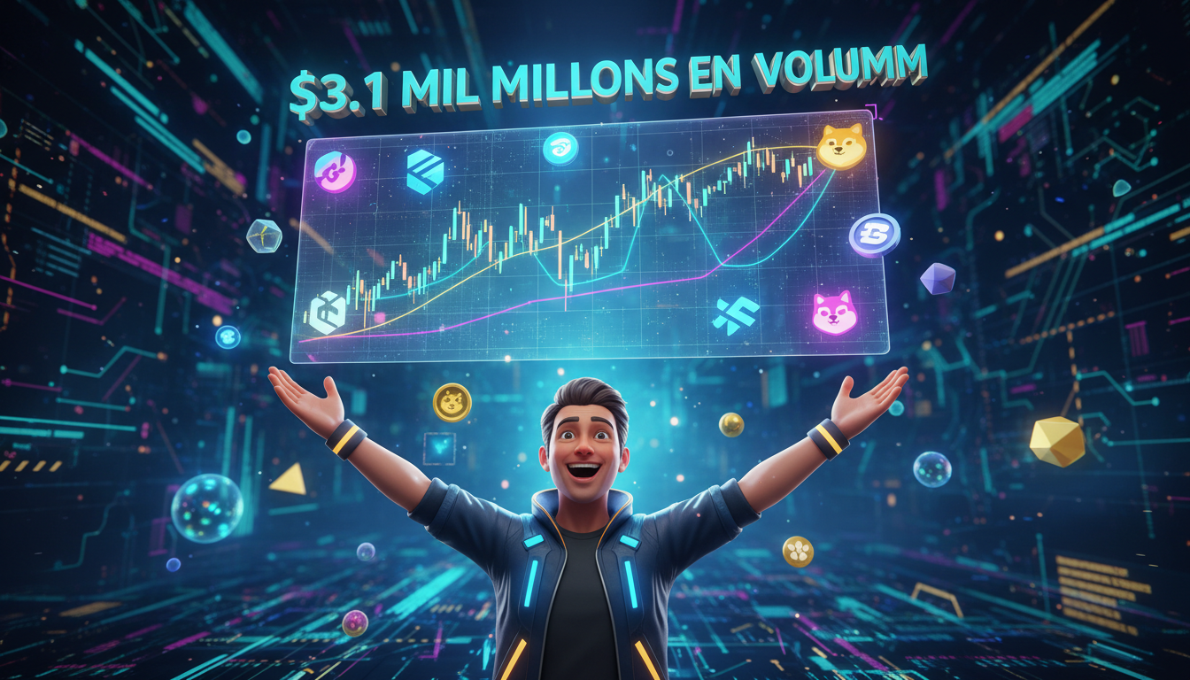Trader 3D entusiasta mostrando un gráfico de meme coins sobre fondo vibrante.