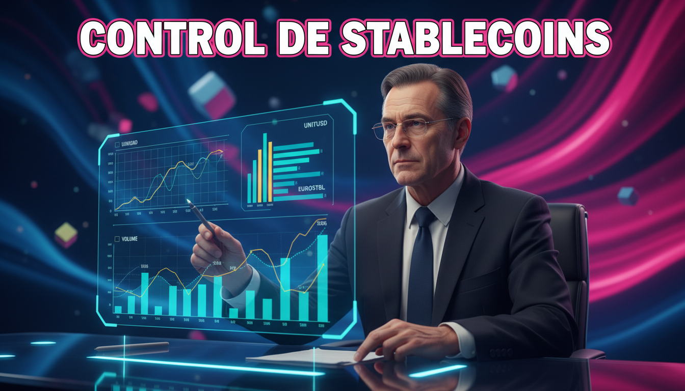 Gobernador del banco analizando transacciones de stablecoins en un entorno digital.