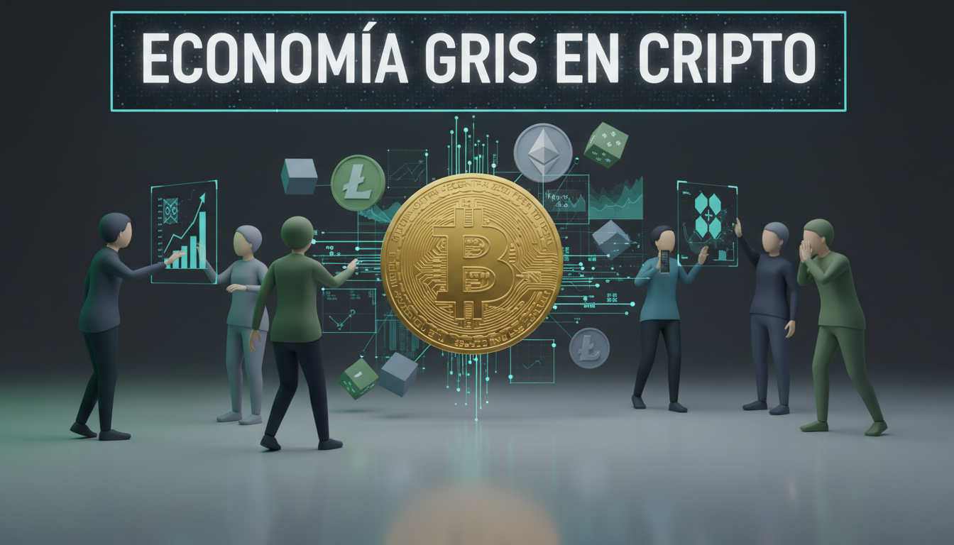 Grupo de personas observando gráficos de criptomonedas en un ambiente futurista.