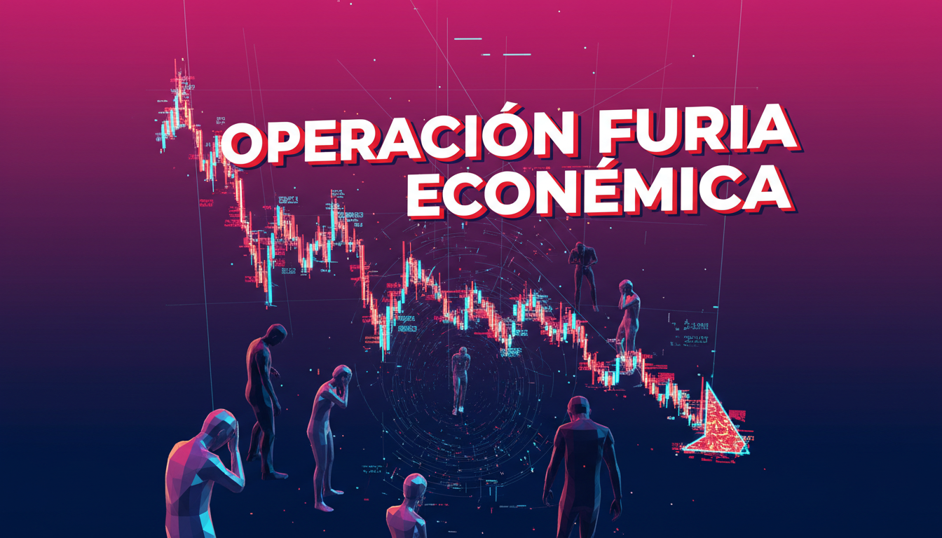 Gráfico de criptomonedas en caída con personas observando y texto sobre la operación económica.