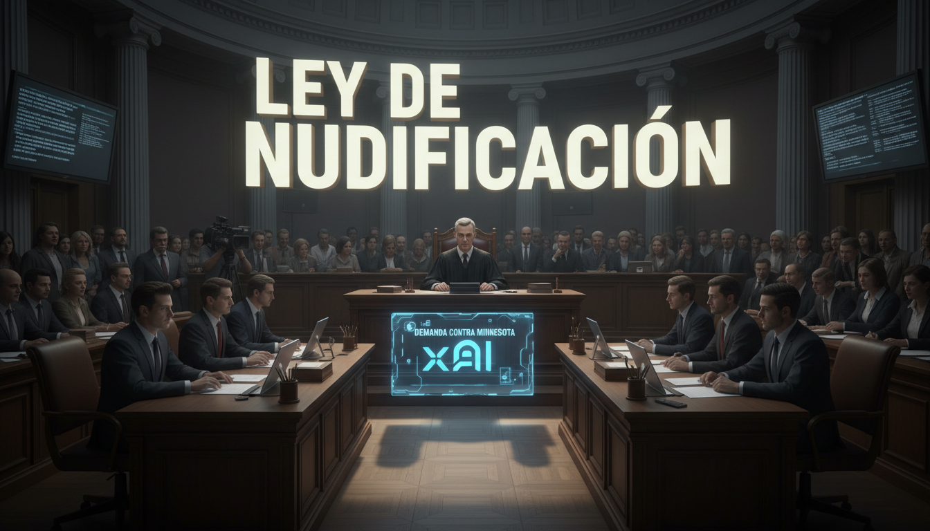 Escena de un tribunal con un juez y abogados discutiendo sobre la ley de nudificación AI.