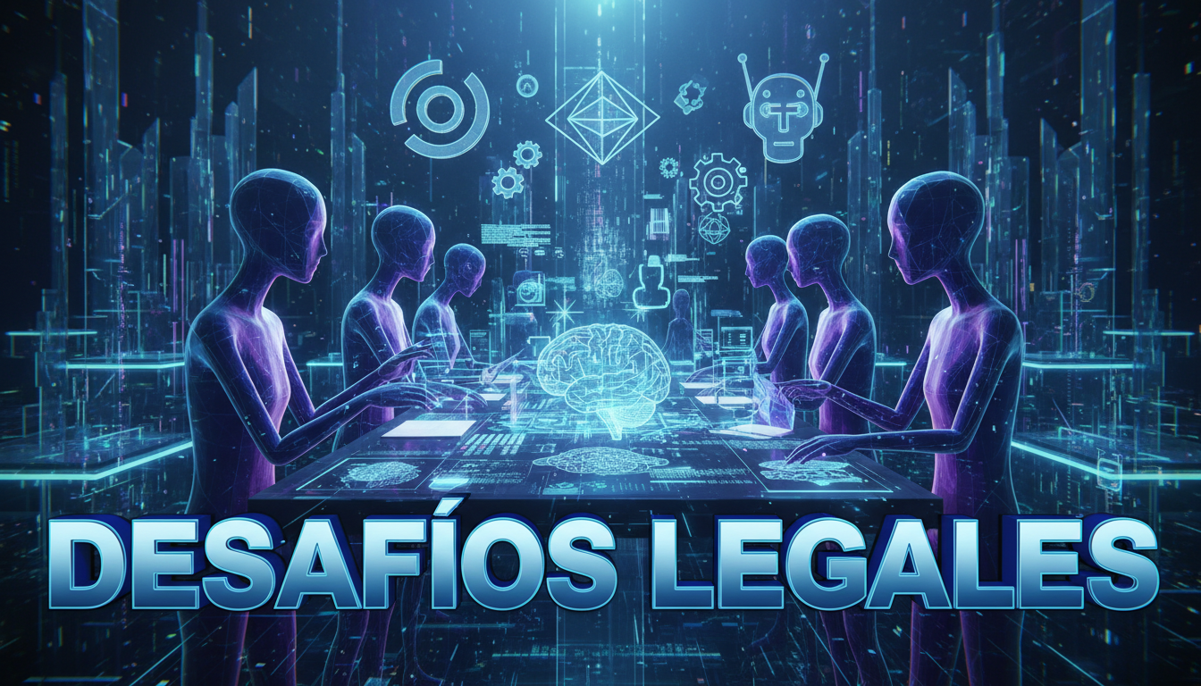 Grupo de personas estilizadas debatiendo sobre la regulación de la inteligencia artificial en un entorno digital.
