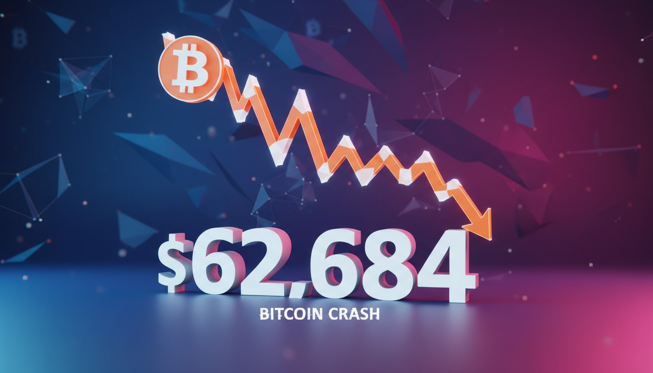 Gráfico de Bitcoin en caída sobre fondo azul con texto '$62,684'