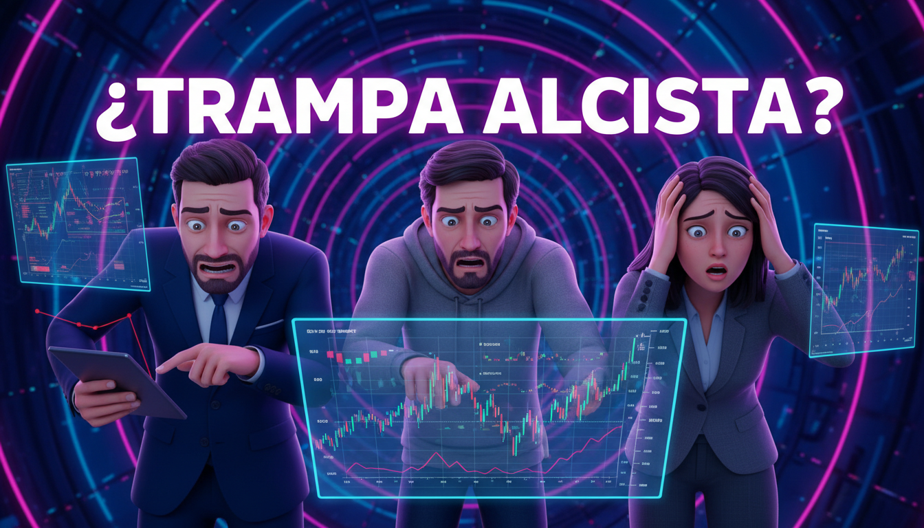 Traders 3D analizando gráficos de Bitcoin con fondo azul y fucsia