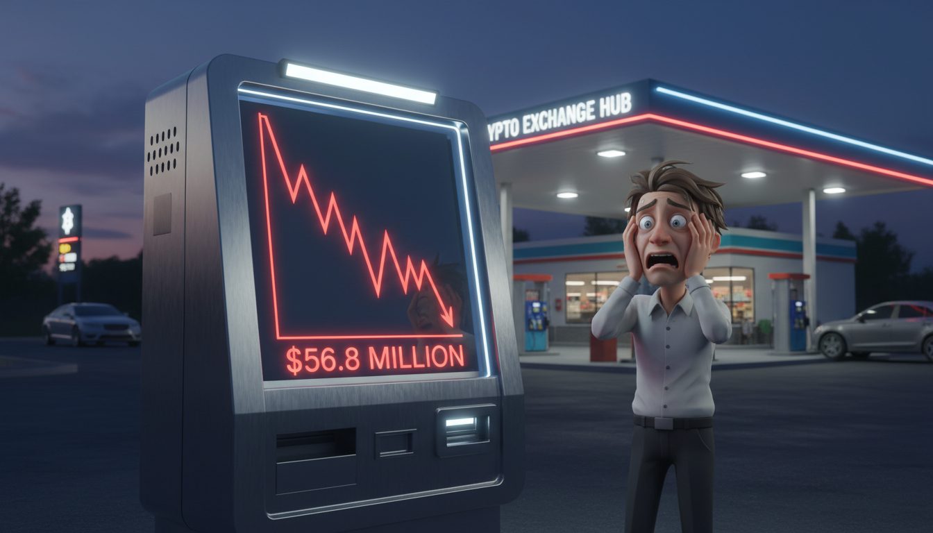 Kiosco de criptomonedas con un personaje asustado y gráfico de pérdidas de $56.8 millones.