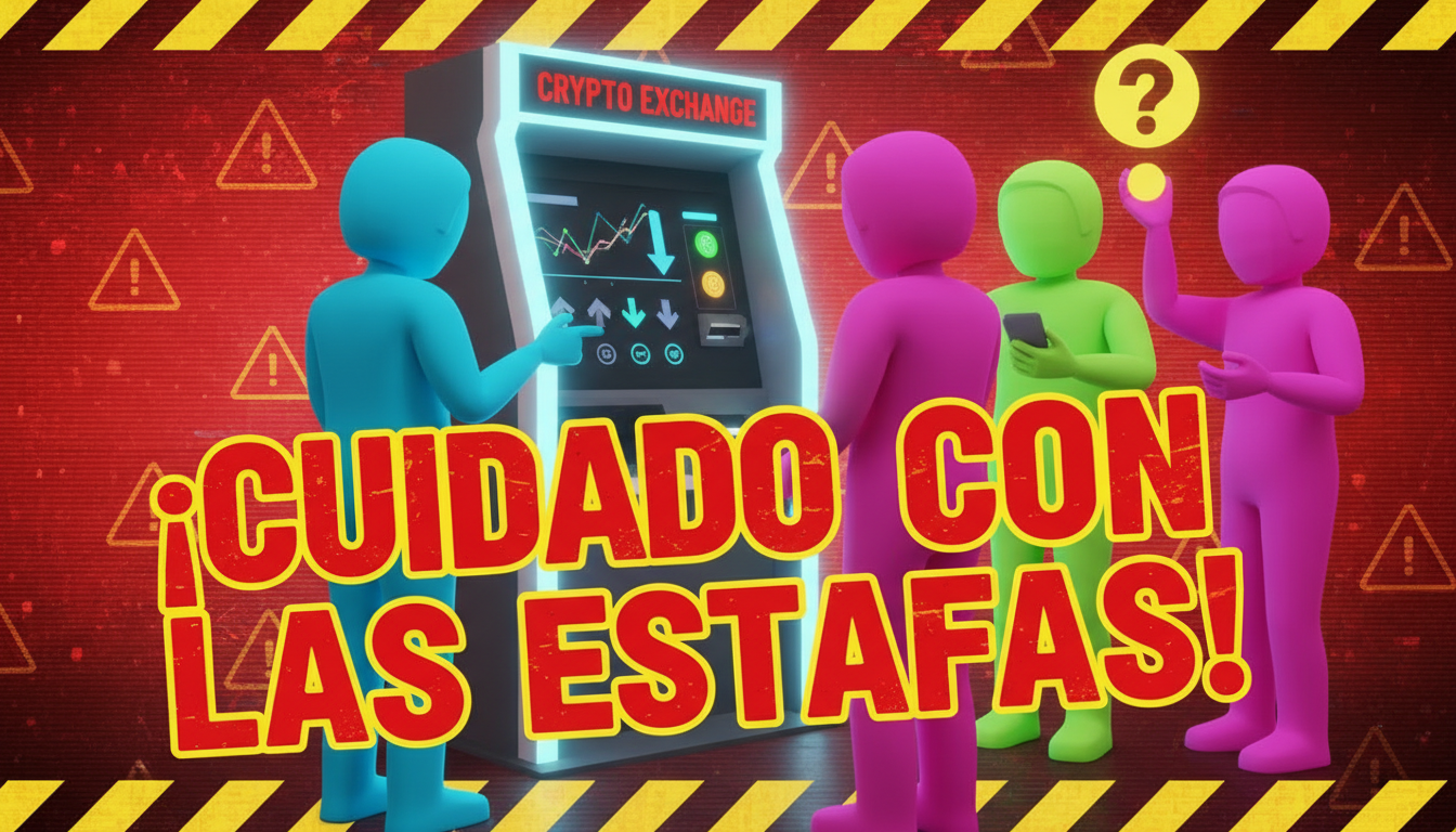 Grupo de personas estilizadas interactuando con un kiosco de criptomonedas y alerta sobre estafas.
