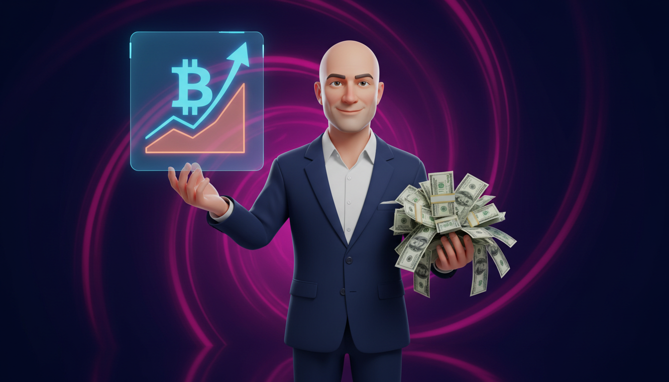 Michael Saylor sosteniendo un gráfico de Bitcoin y efectivo en fondo azul y fucsia.