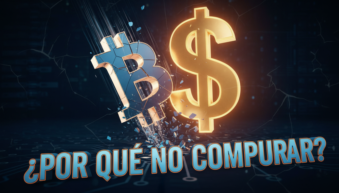 Gráfico de Bitcoin cayendo con texto '¿Por qué no comprar?' en fondo azul y fucsia.