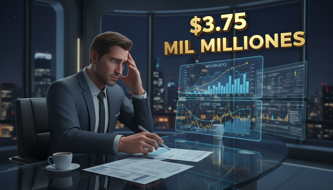 Ejecutivo 3D analizando gráficos de Bitcoin y STRC en un entorno tenso.