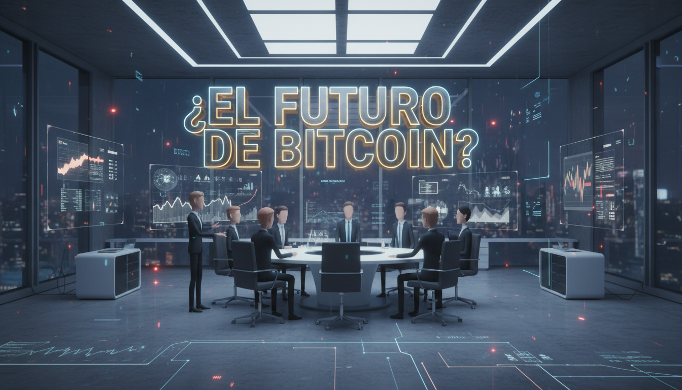 Personas 3D discutiendo inversiones en un ambiente corporativo con luces de alerta.