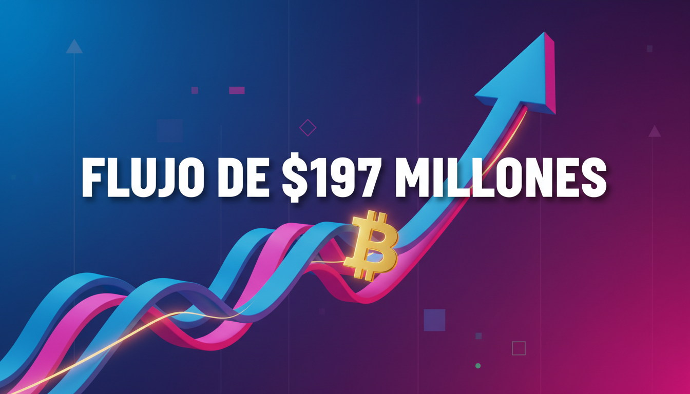 Gráfico de Bitcoin mostrando flujos positivos con fondo azul y fucsia.