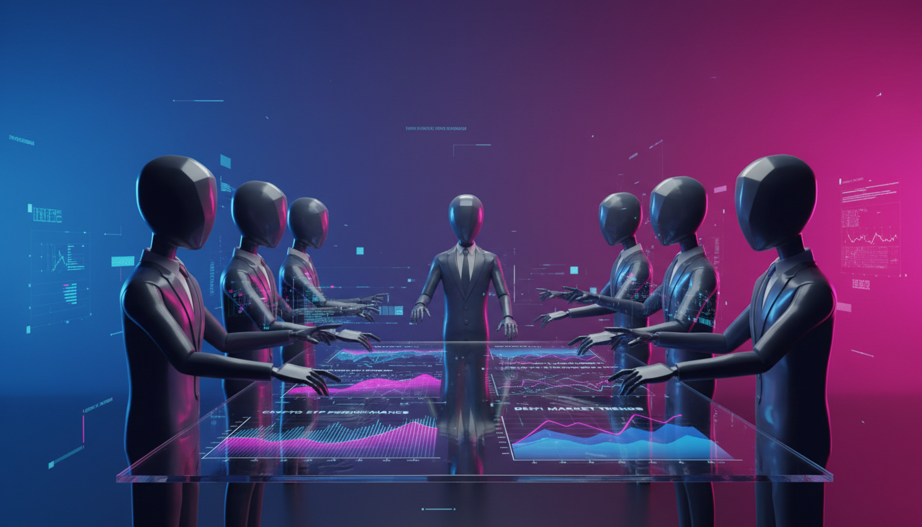 Inversores 3D analizando el rendimiento de ETFs de criptomonedas sobre fondo dinámico.