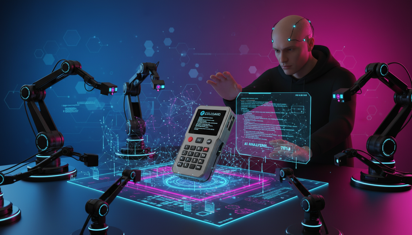 Hacker 3D interactuando con un monedero Coldcard y gráficos de vulnerabilidad en criptomonedas.