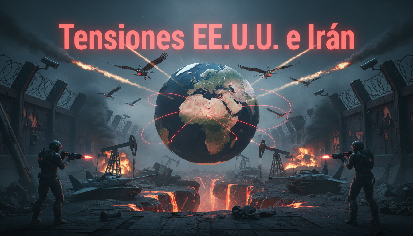Escena 3D que representa tensiones geopolíticas entre EE.UU. e Irán