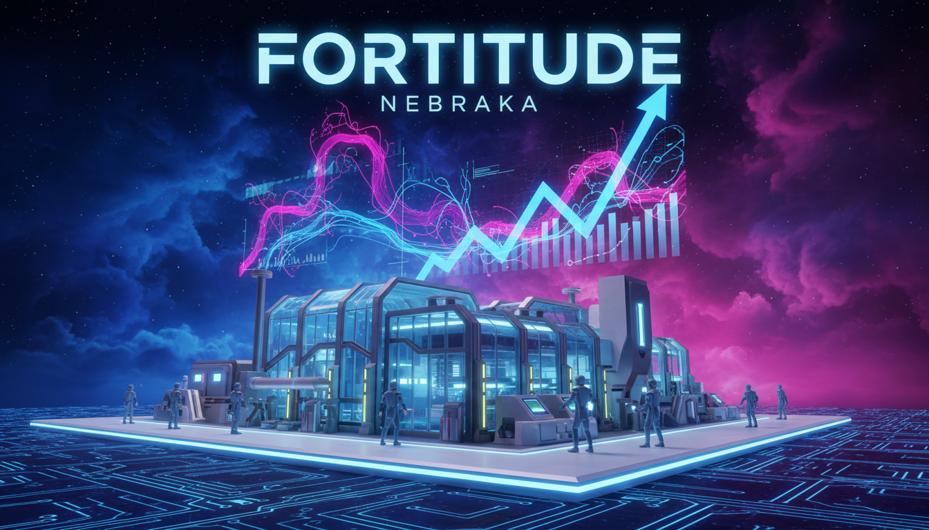 Vista 3D de trabajadores en la planta de Fortitude con símbolos de criptomonedas.