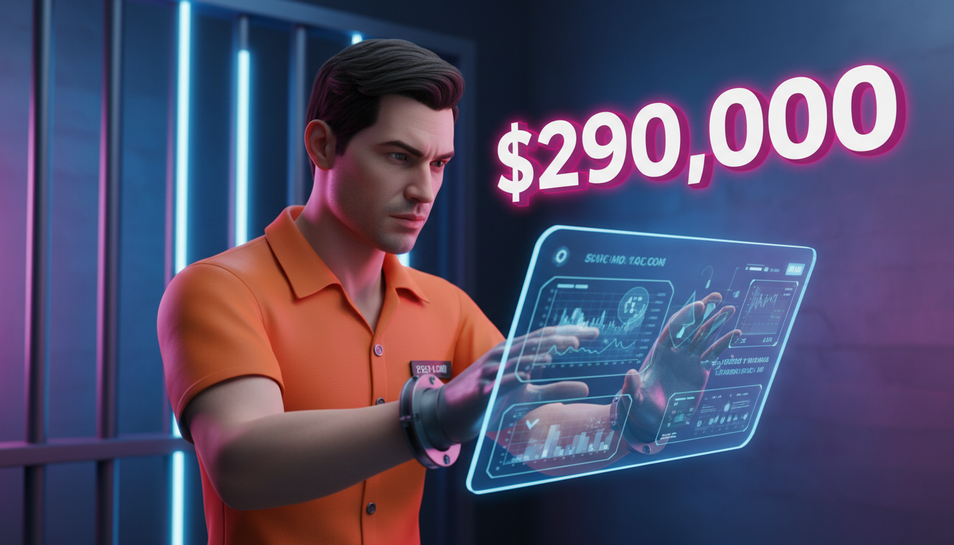 Hombre en prisión manipulando gráficos de criptomonedas en pantalla sobre fondo azul