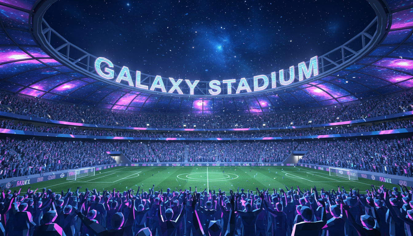 Estadio de fútbol Galaxy Stadium con un ambiente festivo y colorido.