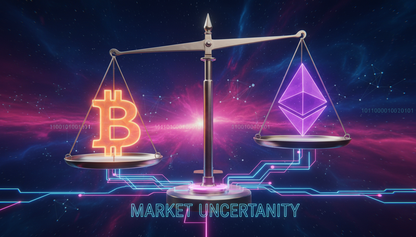 Balanza en equilibrio entre Bitcoin y Ethereum simbolizando incertidumbre en el mercado.