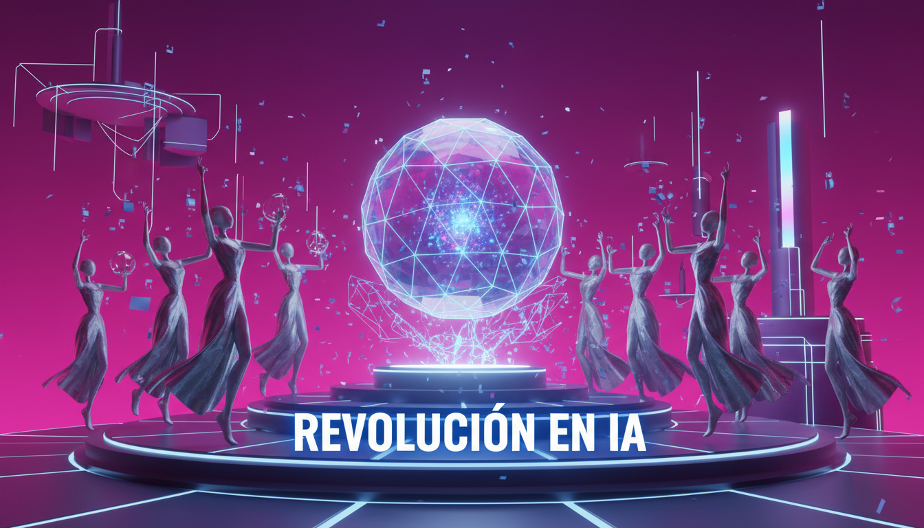 Personas 3D celebrando el lanzamiento de IA sobre fondo fucsia.