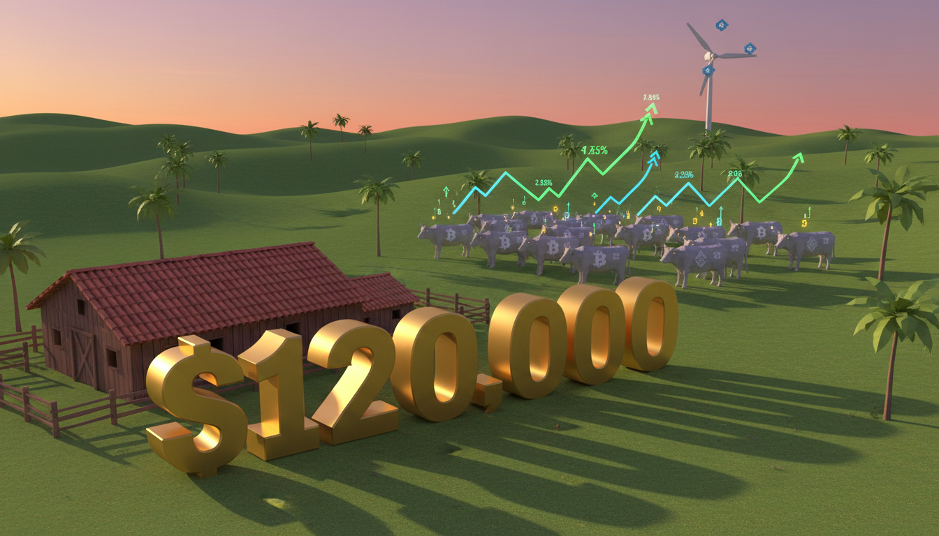 Granja brasileña con vacas tokenizadas y gráficos de crecimiento financiero en fondo azul.