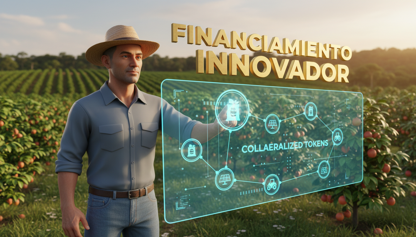 Agricultor brasileño interactuando con gráficos digitales sobre colaterales tokenizados en fondo fucsia.