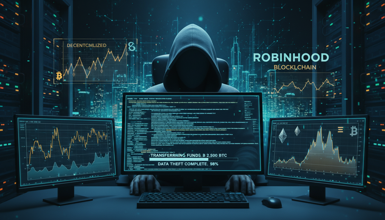 Hacker 3D manipulando la cuenta de Vlad Tenev mientras gráficos de criptomonedas parpadean.