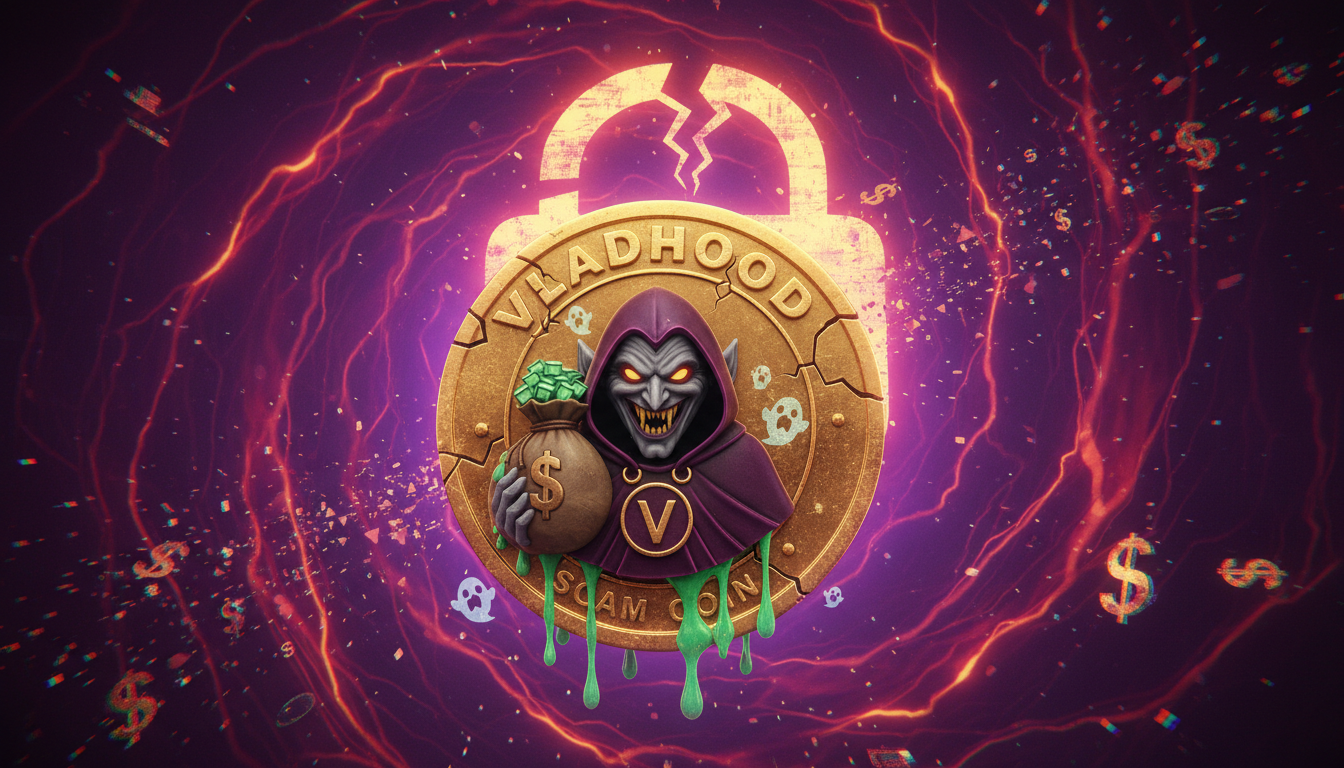 Token 3D 'Vladhood' brillando sobre un fondo oscuro, simbolizando la estafa en criptomonedas.