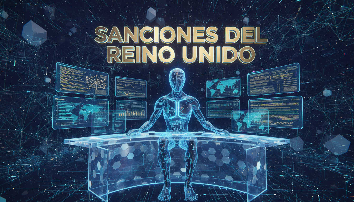 Personaje 3D analizando sanciones financieras en un entorno cripto moderno.