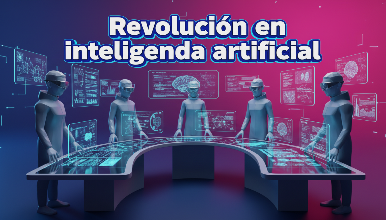 Ingenieros 3D estilizados en un laboratorio desarrollando inteligencia artificial innovadora.