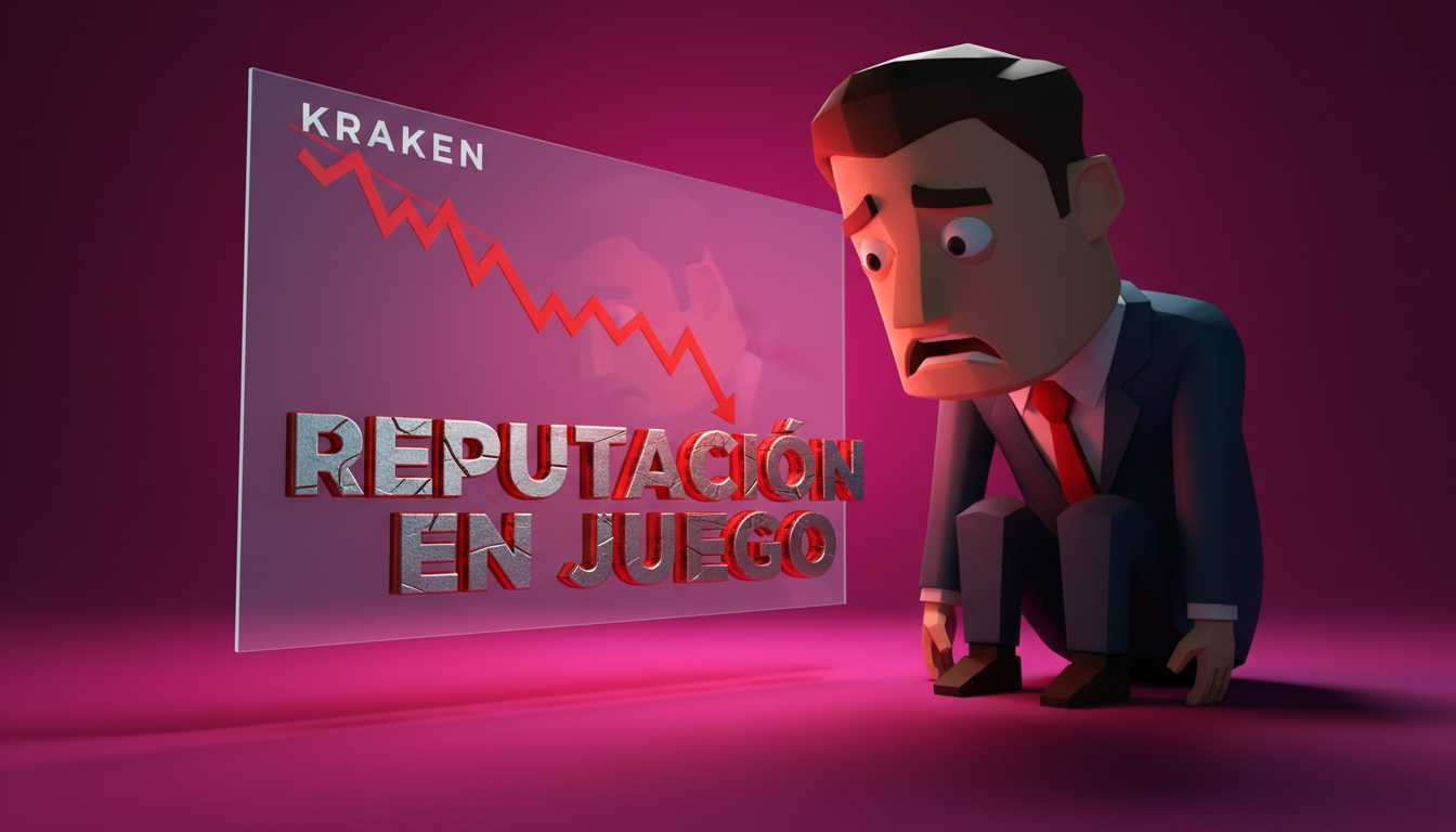 Auditor 3D preocupado frente a gráfico de Kraken en descenso sobre fondo fucsia.