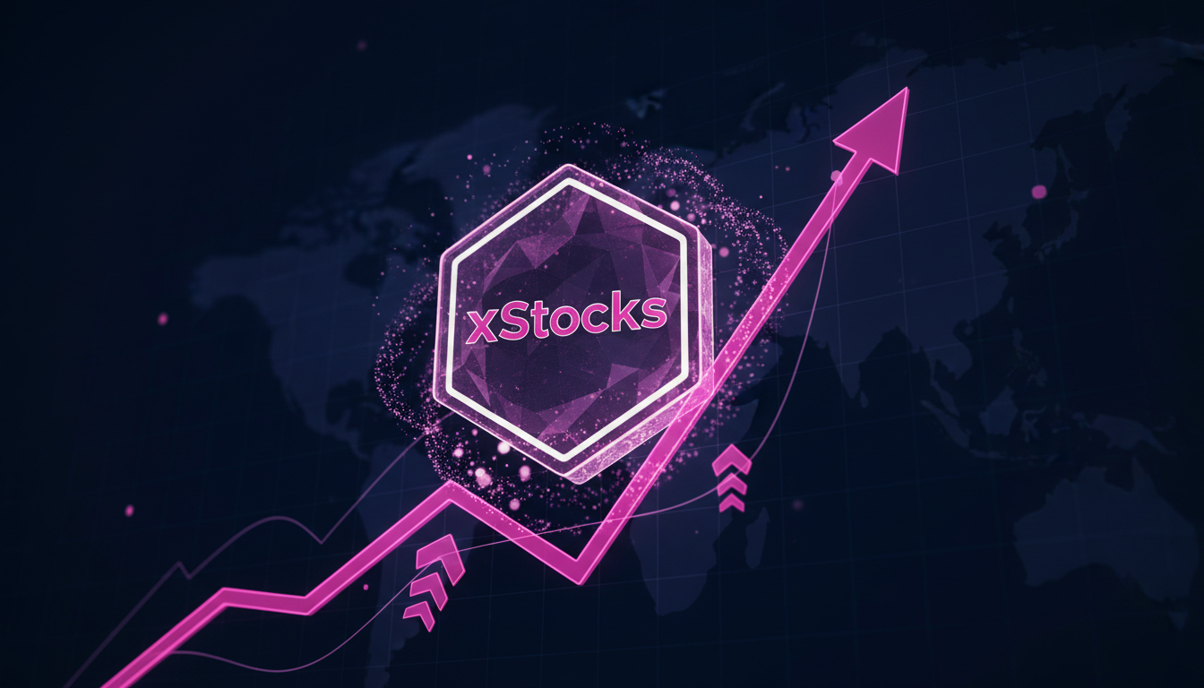Token de xStocks en un gráfico alcista sobre fondo azul profundo.