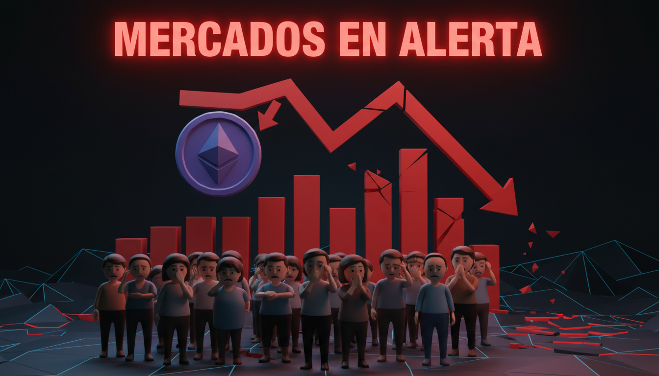 Gráfico 3D de Ethereum en caída con personas estilizadas observando el mercado con preocupación.