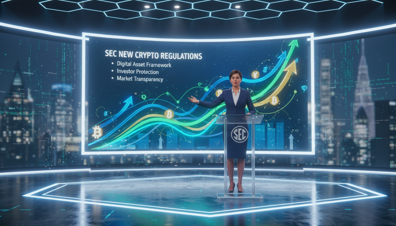 Representante de la SEC presentando nuevas regulaciones cripto en un escenario dinámico.