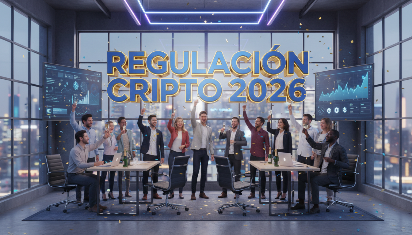 Grupo de emprendedores celebrando la aprobación de regulaciones cripto en un ambiente festivo.