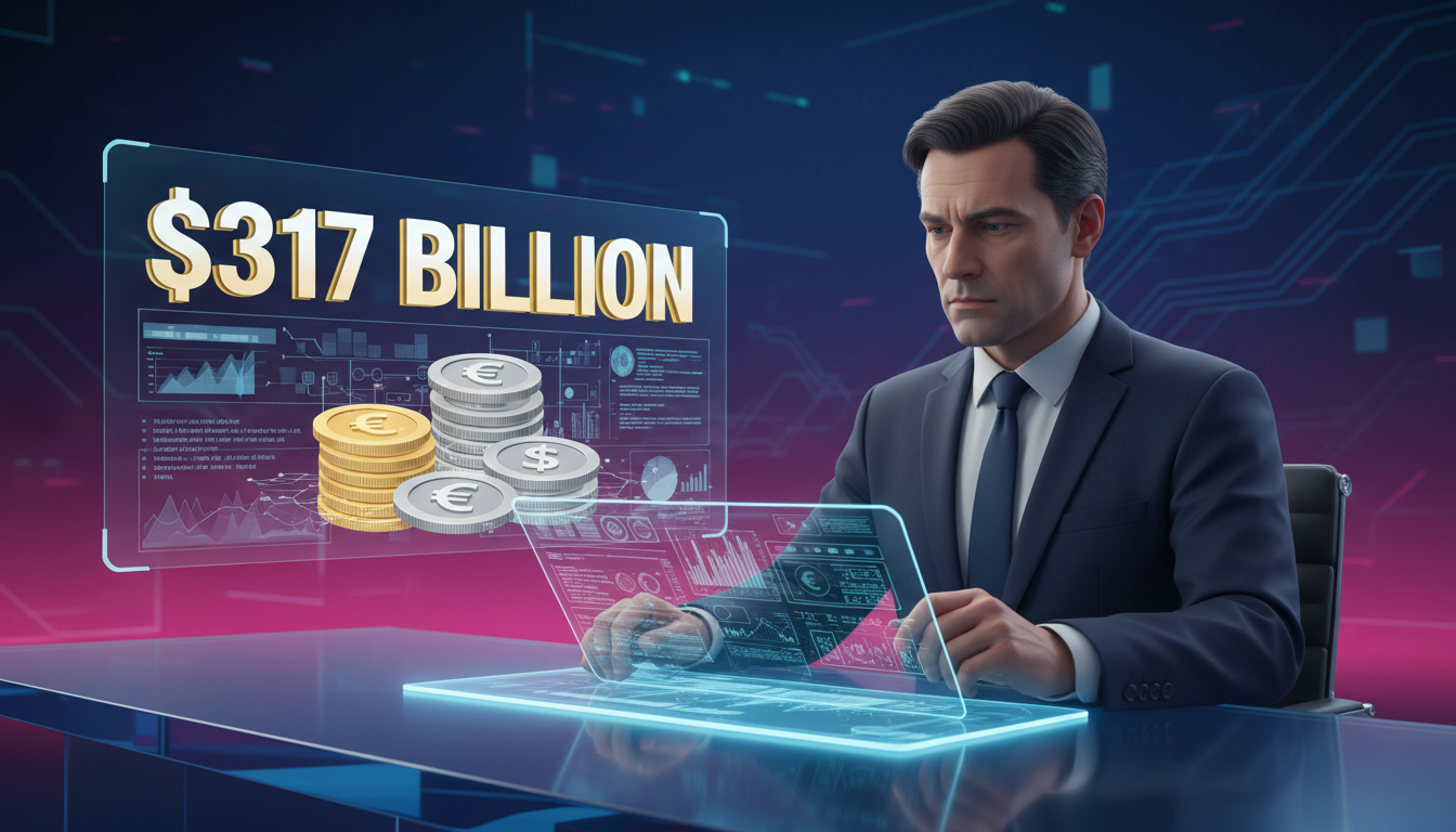 Político europeo revisando regulaciones de stablecoins con gráficos sobre fondo azul.