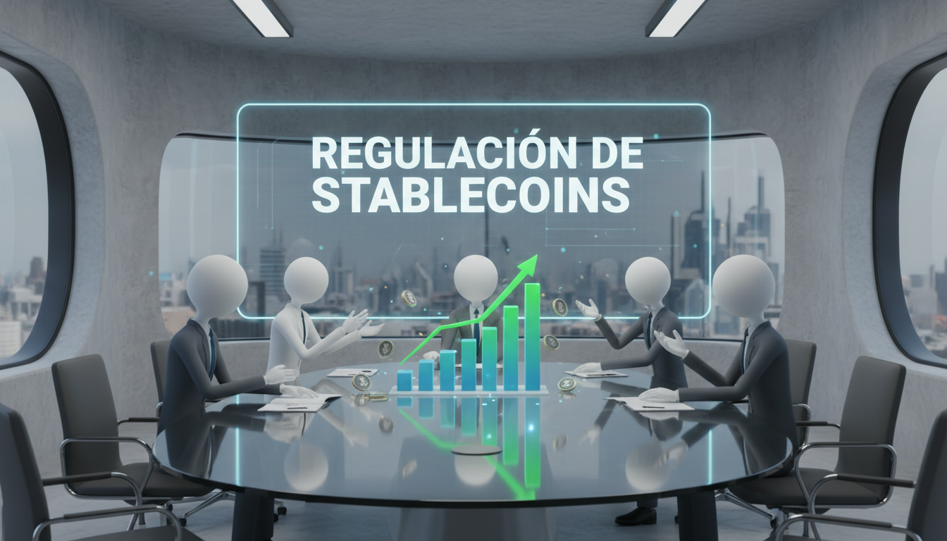 Grupo discutiendo sobre el futuro de las stablecoins en una sala moderna de conferencias.