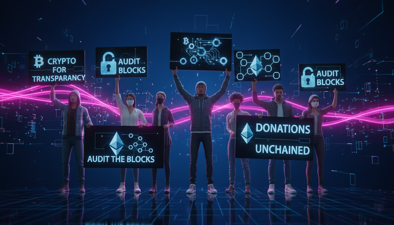 Activistas protestando por la transparencia en donaciones políticas con símbolos de criptomonedas.