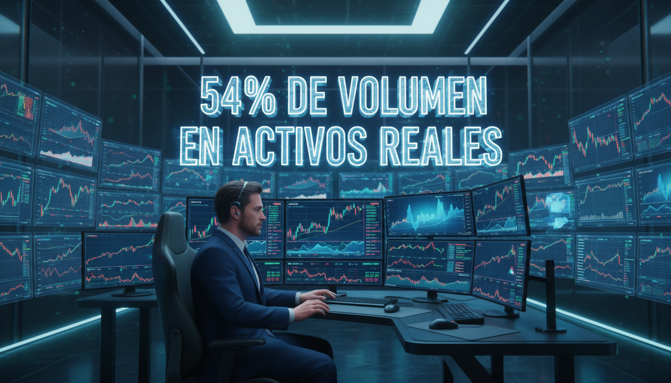 Trader 3D interactuando con gráficos de acciones y criptomonedas sobre fondo azul.