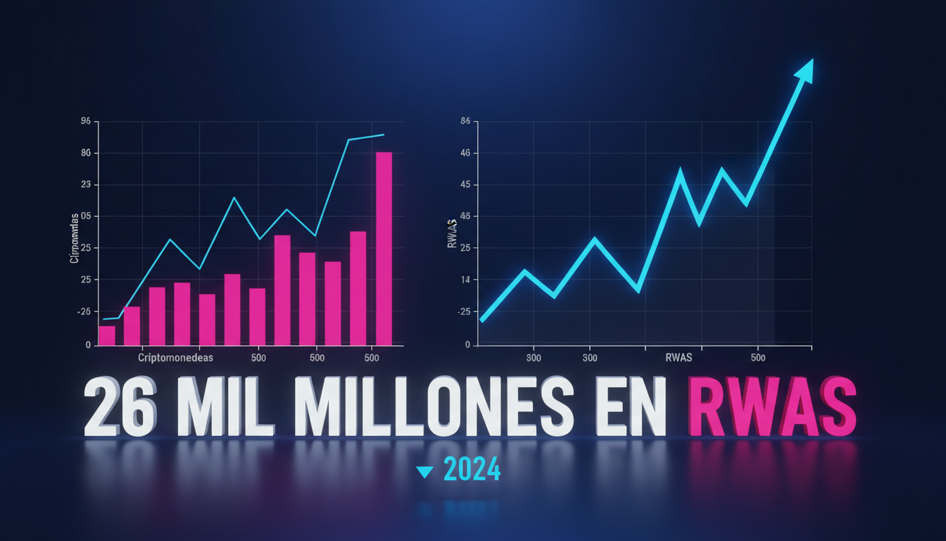 Gráfica 3D mostrando el crecimiento de activos reales frente a criptomonedas en fondo fucsia.