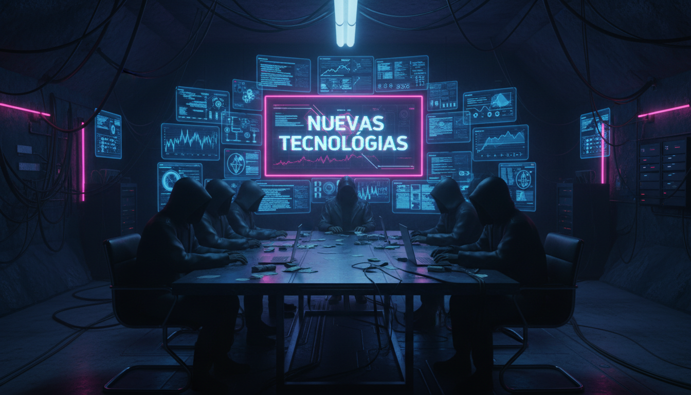 Sala de reunión 3D con grupos delictivos analizando gráficos de criptomonedas.
