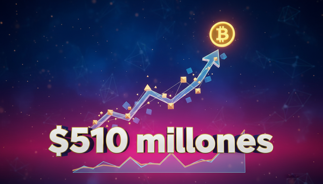 Gráfico 3D de Bitcoin ascendiendo con texto en español sobre entradas de $510 millones.