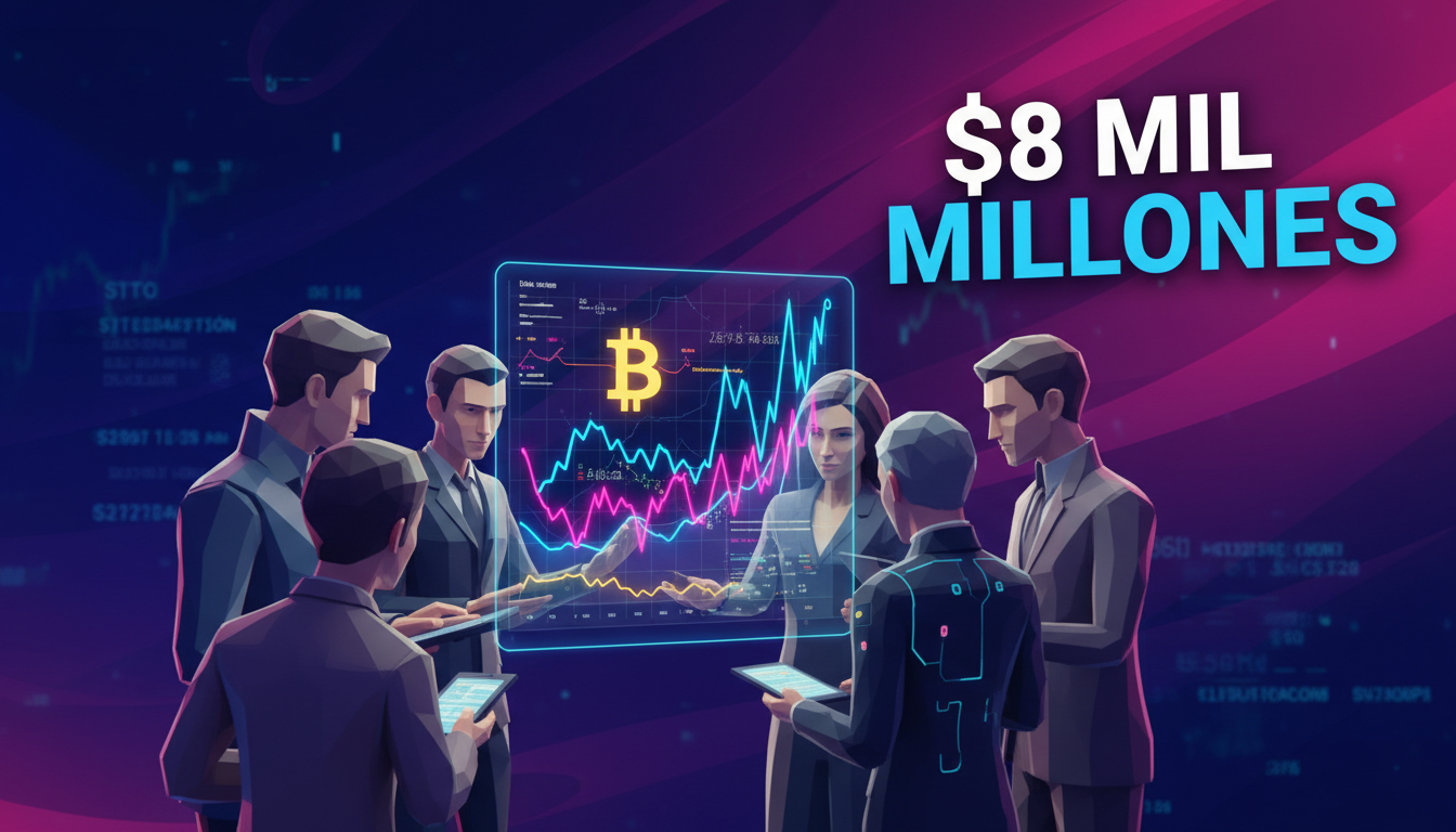 Inversores 3D estilizados revisando gráficos de Bitcoin con fondo azul y fucsia.