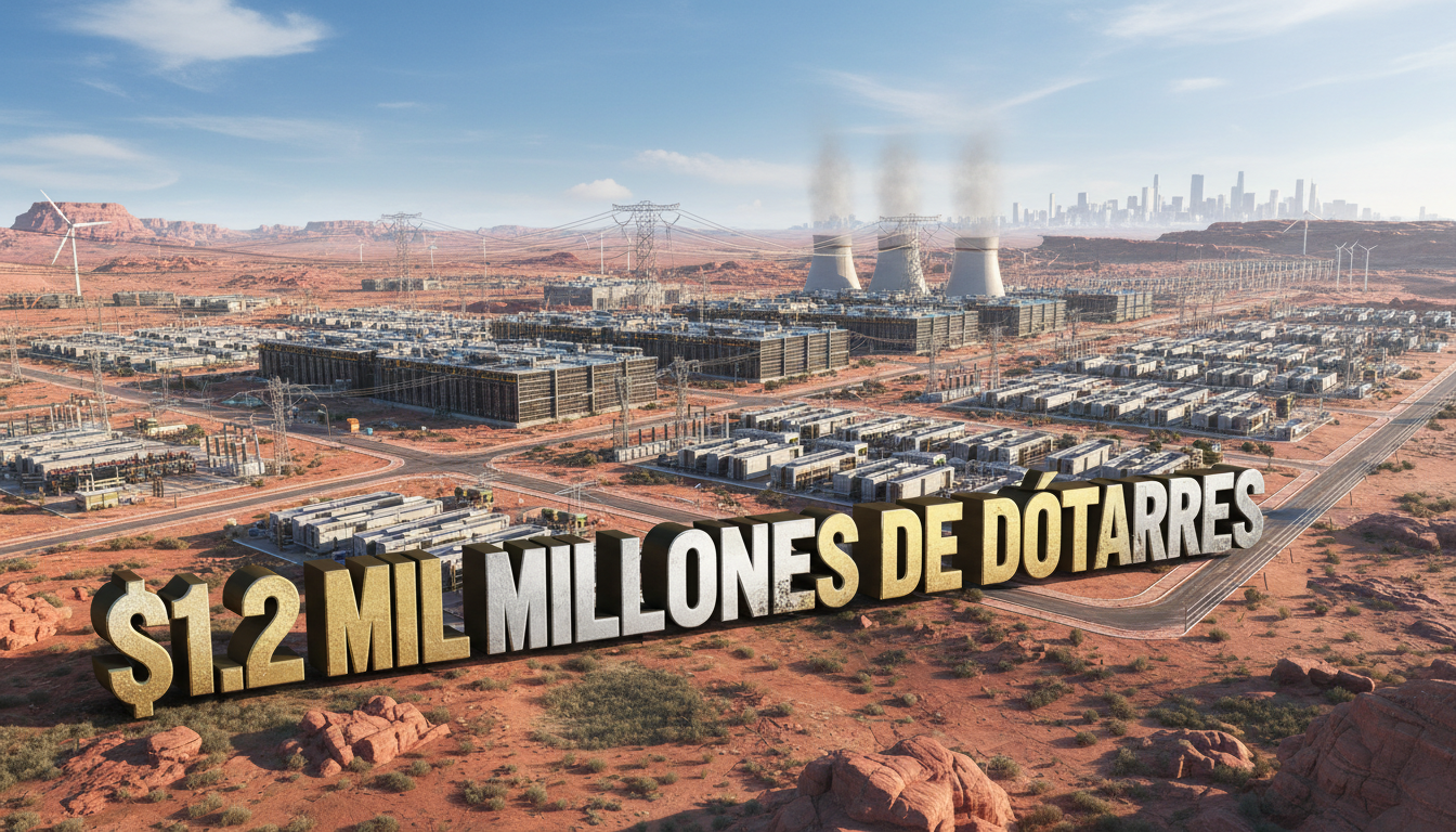 Terreno en Texas para minería de Bitcoin y centros de datos de AI con texto '$1.2 mil millones'.