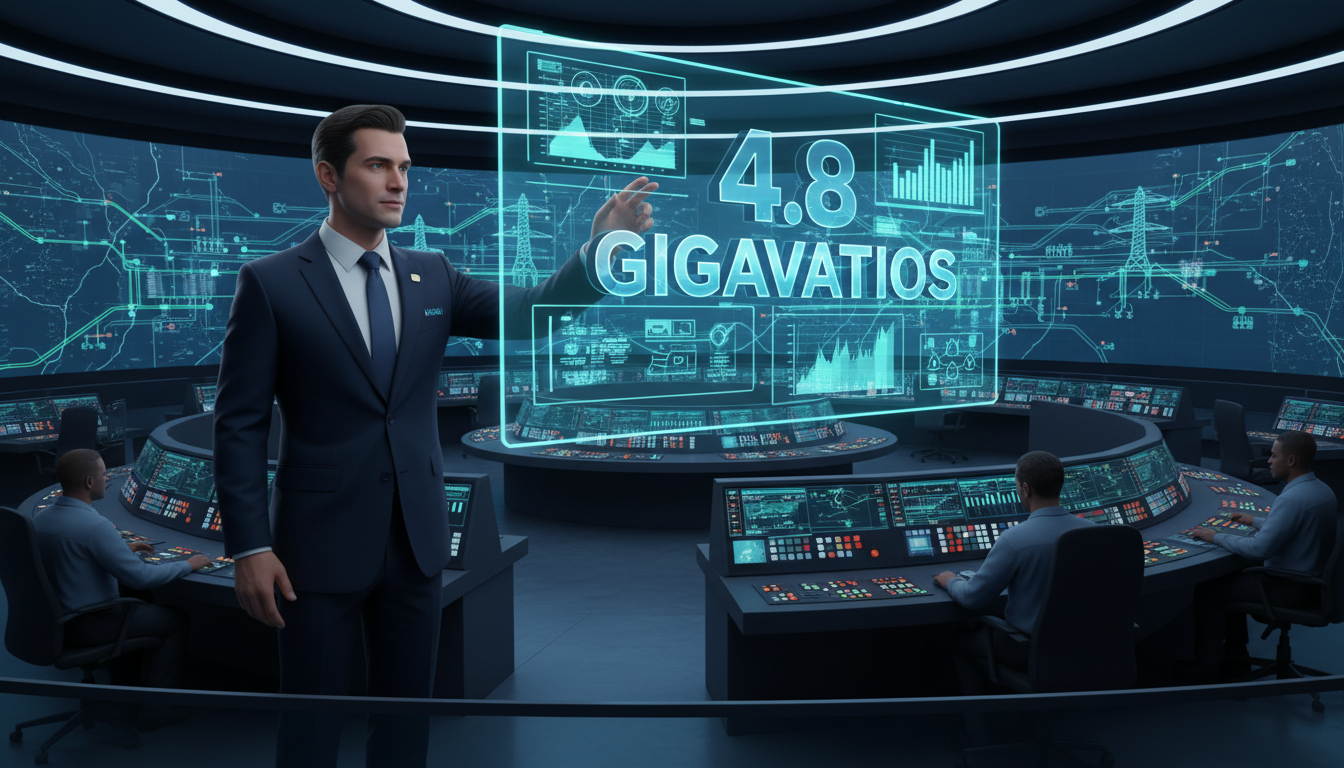 Ejecutivo de MARA en sala de control de energía, mostrando capacidad eléctrica y texto '4.8 gigavatios'.