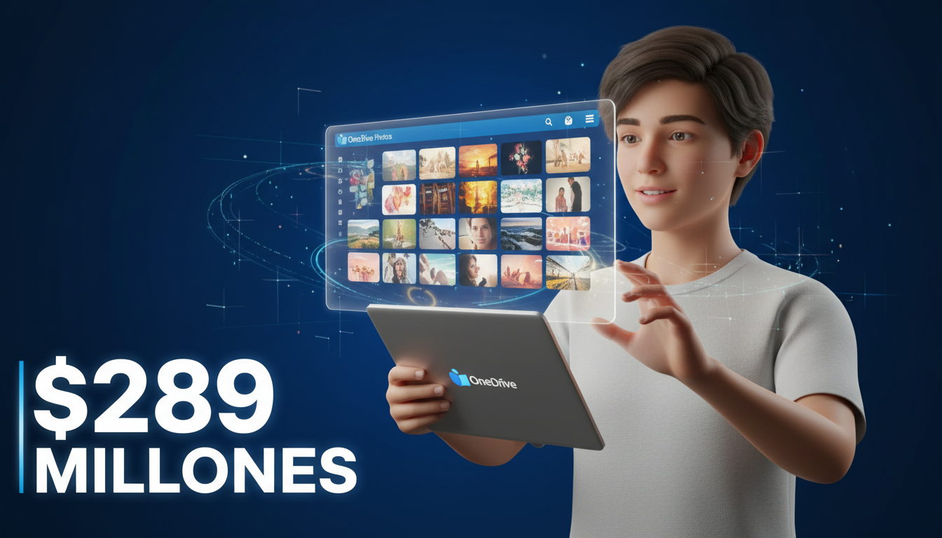 Usuario 3D utilizando la aplicación OneDrive Photos en un fondo azul profundo.