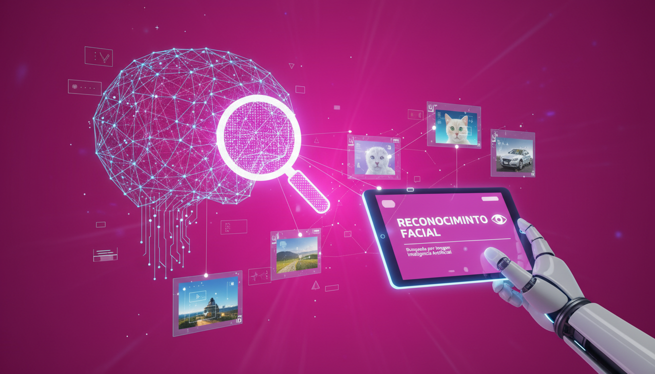 Gráfico 3D mostrando búsqueda de imágenes por IA con fondo fucsia.