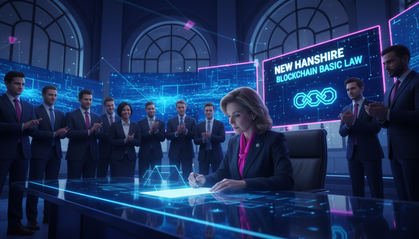 Gobernadora Ayotte firmando la Ley Básica de Blockchain en un entorno cripto.